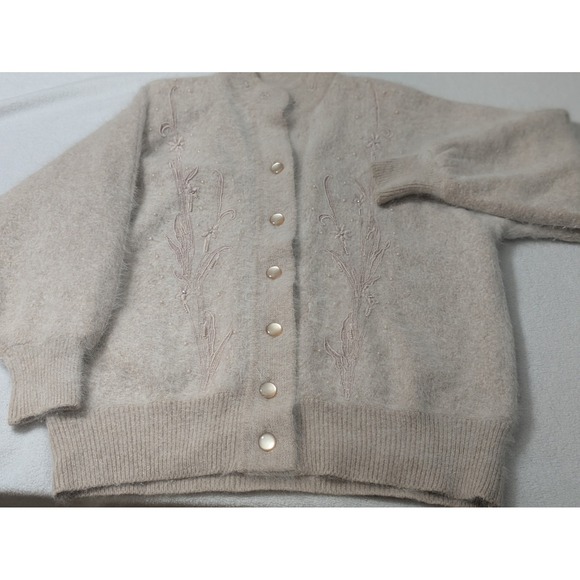 Venesha Sweaters - Vtg Venesha Angora Sweater Cardigan Large Pale Pink Fuzzy Pearl Beaded Preppy